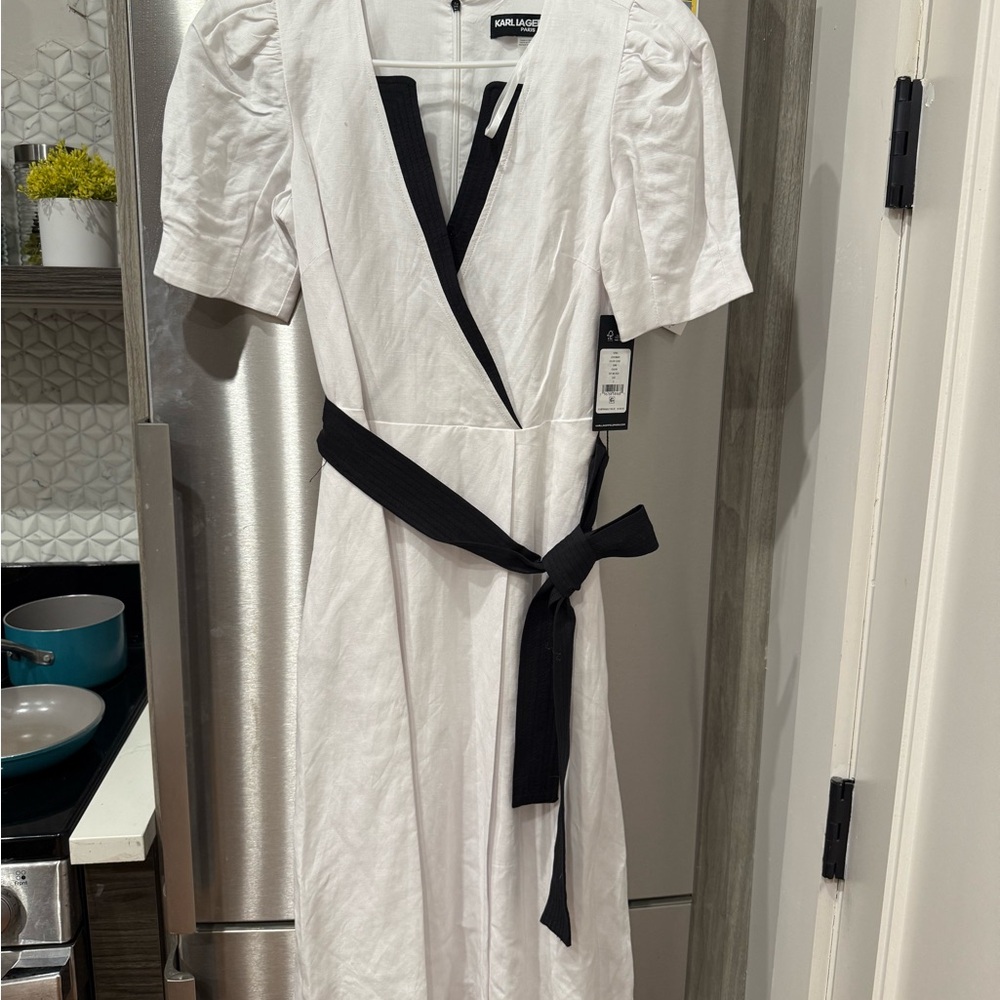 Karl Lagerfeld White Midi Dress with Black Belt